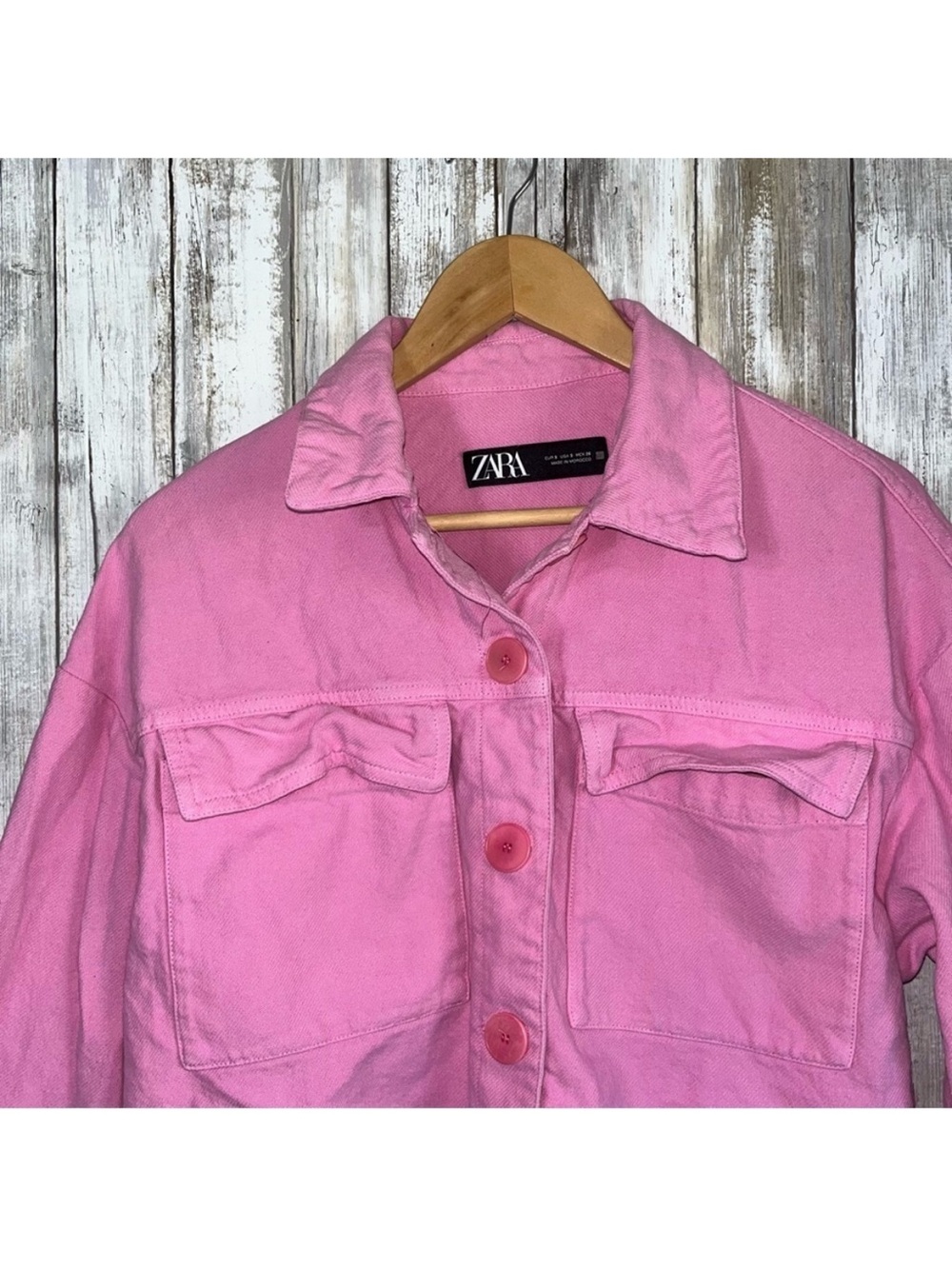 Zara Pink Cropped Denim Jacket Raw Hem Boxy Utility Jean Jacket Women’s S - Picture 4 of 8